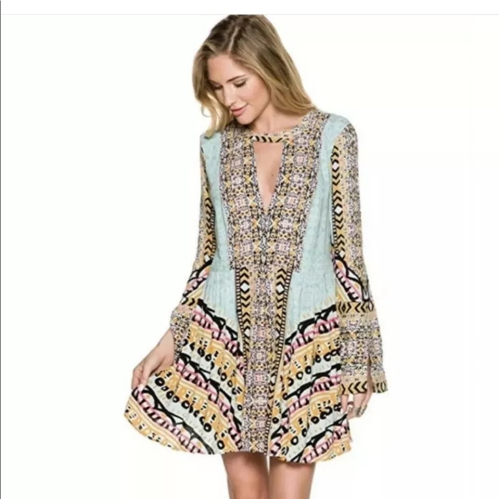Free people long sleeve Tegan Aztec mini dress